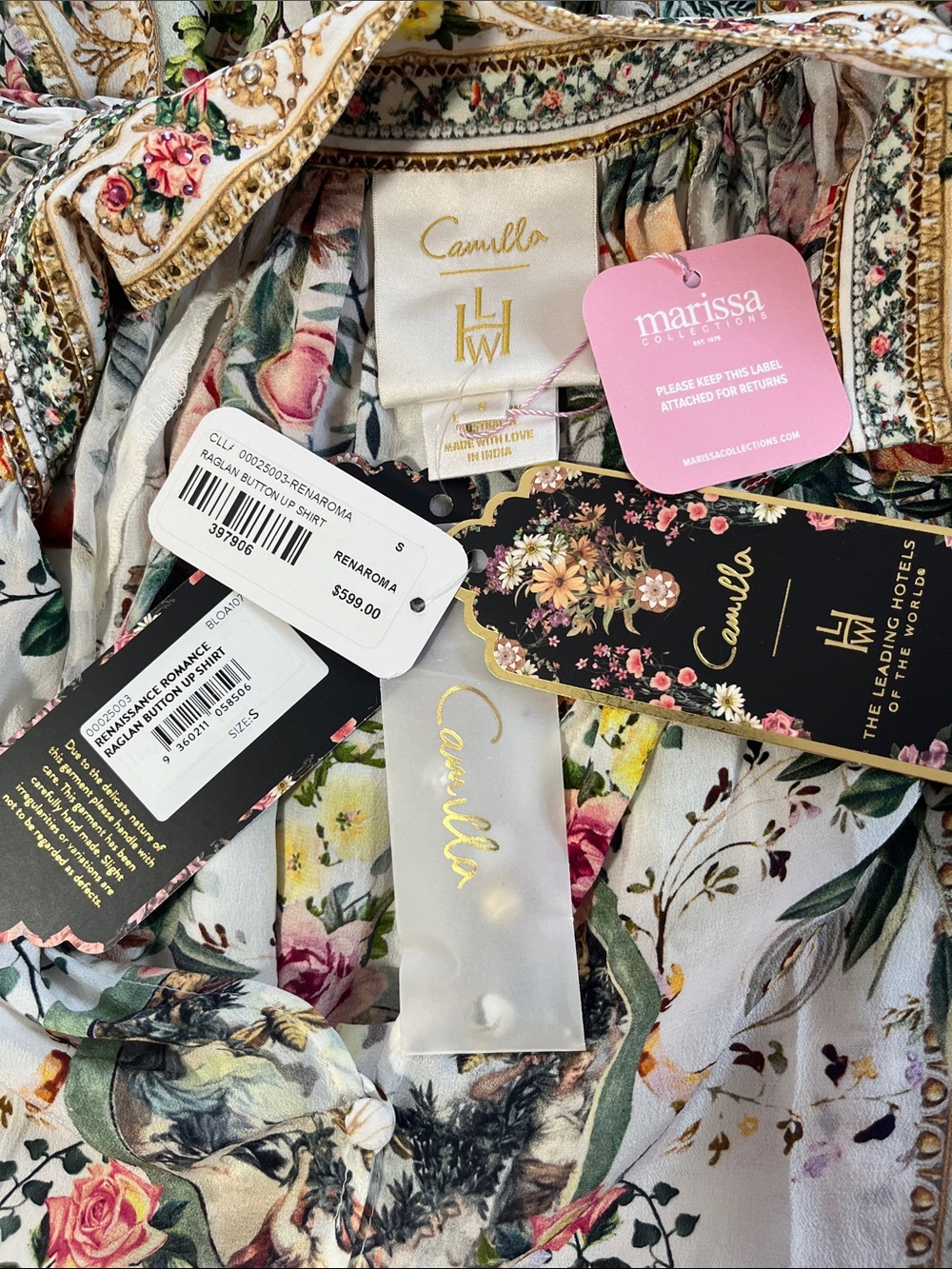 Camilla NWT Renaissance Romance ragland button silk shirt high neck jewels Small - Picture 6 of 16